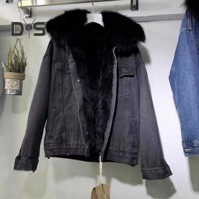 Winter Women Jacket with Furry Hood Thickened Plush Long Sleeves Pockets Button Closure Flap Pockets Coat Short Type Windproof Warm Denim Coat