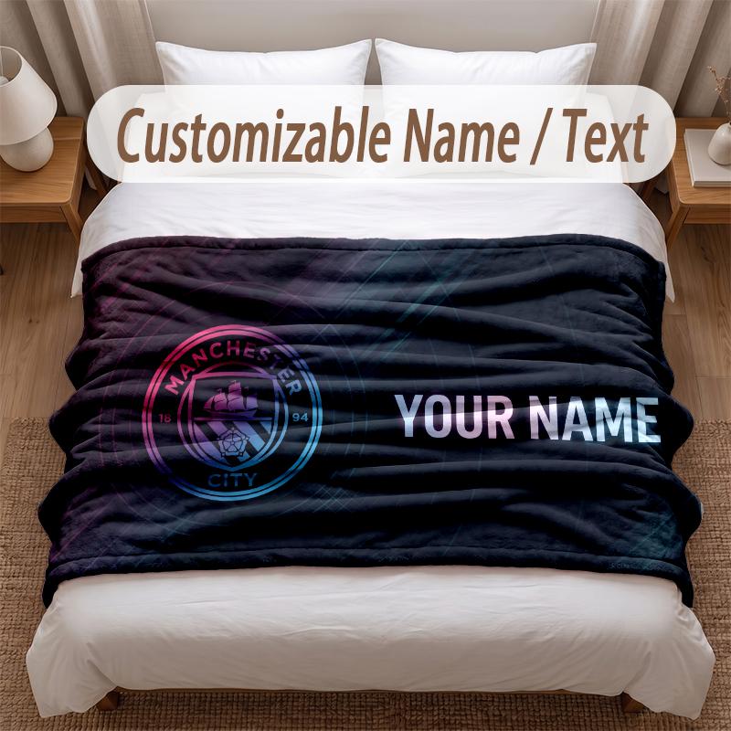Manchester City Printed Flannel Blanket Custom Name Text Soft Warm Throw For Bedroom Holiday Gift