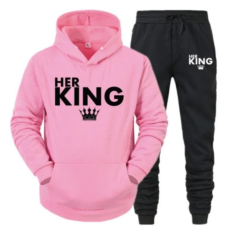 Lover Her QUEEN or His KING Printed Tracksuits Couple Hoodies Outfit Suits Casual Hooded Sweatshirt + Sweatpants Two Piece Set Sport Wear Men’s