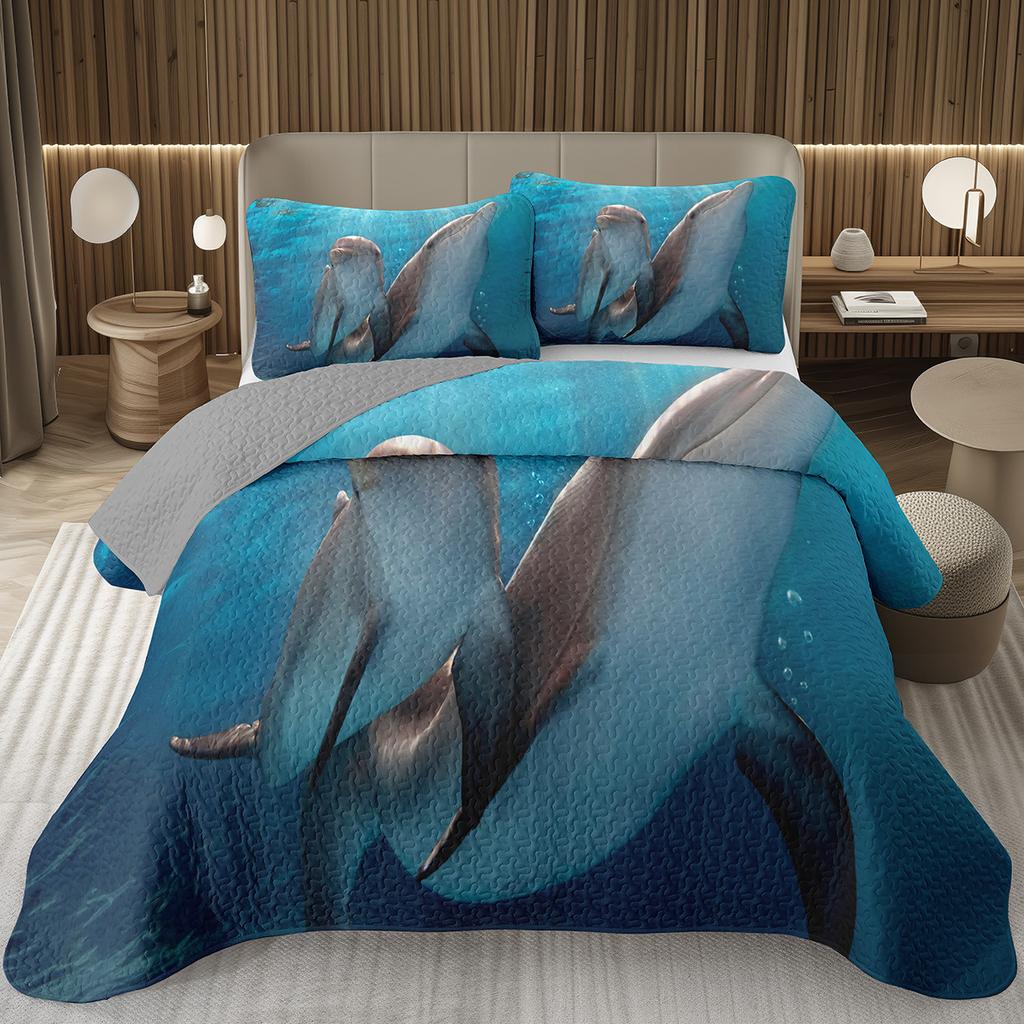 Cute Dolphin Bedspread Twin/King Reversible Grey Quilted Coverlet Ocean Animal Bedding Set 2/3 Pieces Soft Lightweight Quilt Set