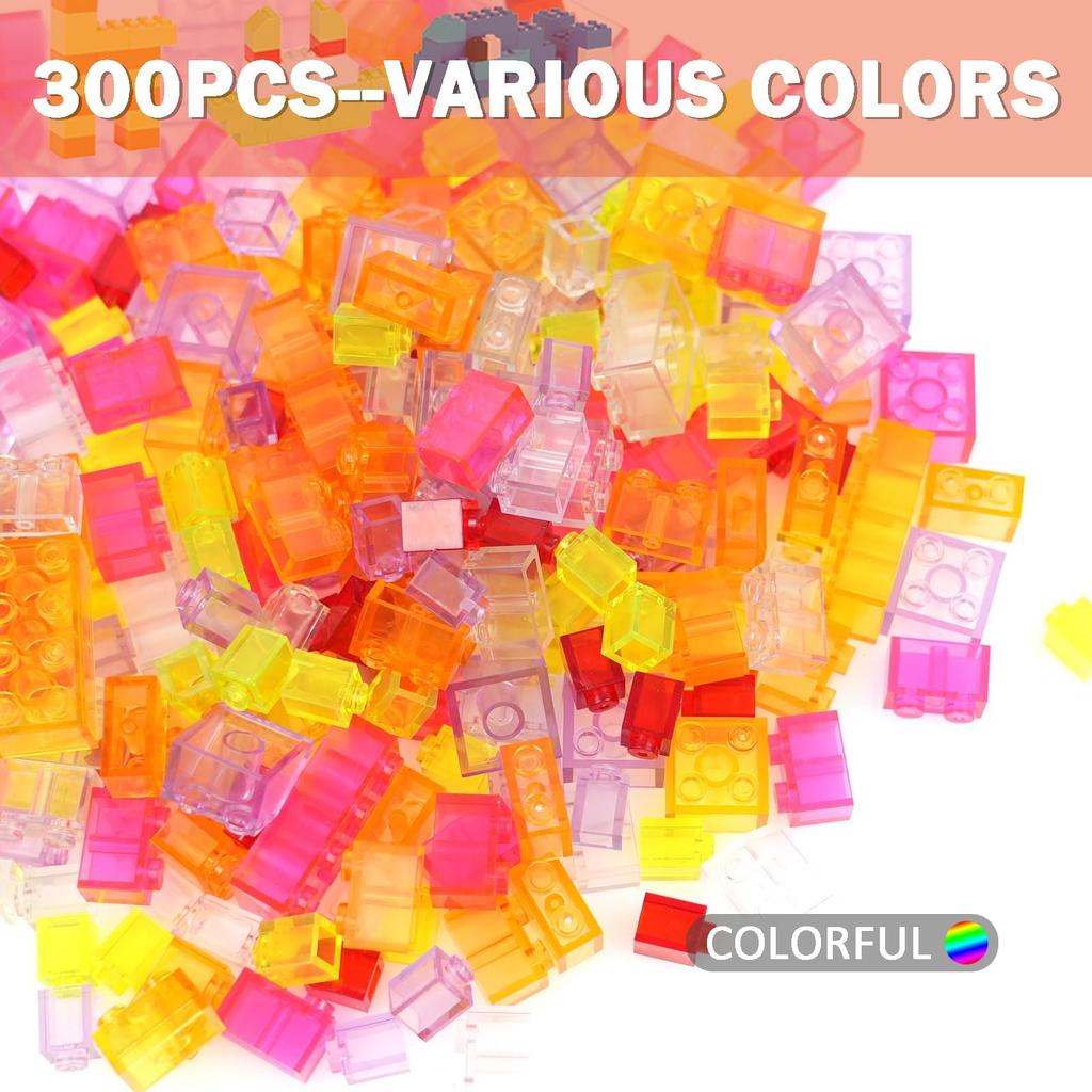 300-Piece Transparent Classic Building Blocks, Basic Building Blocks Expansion Set, Compatible with Major Brands, Random Colors and Shapes, for Girls
