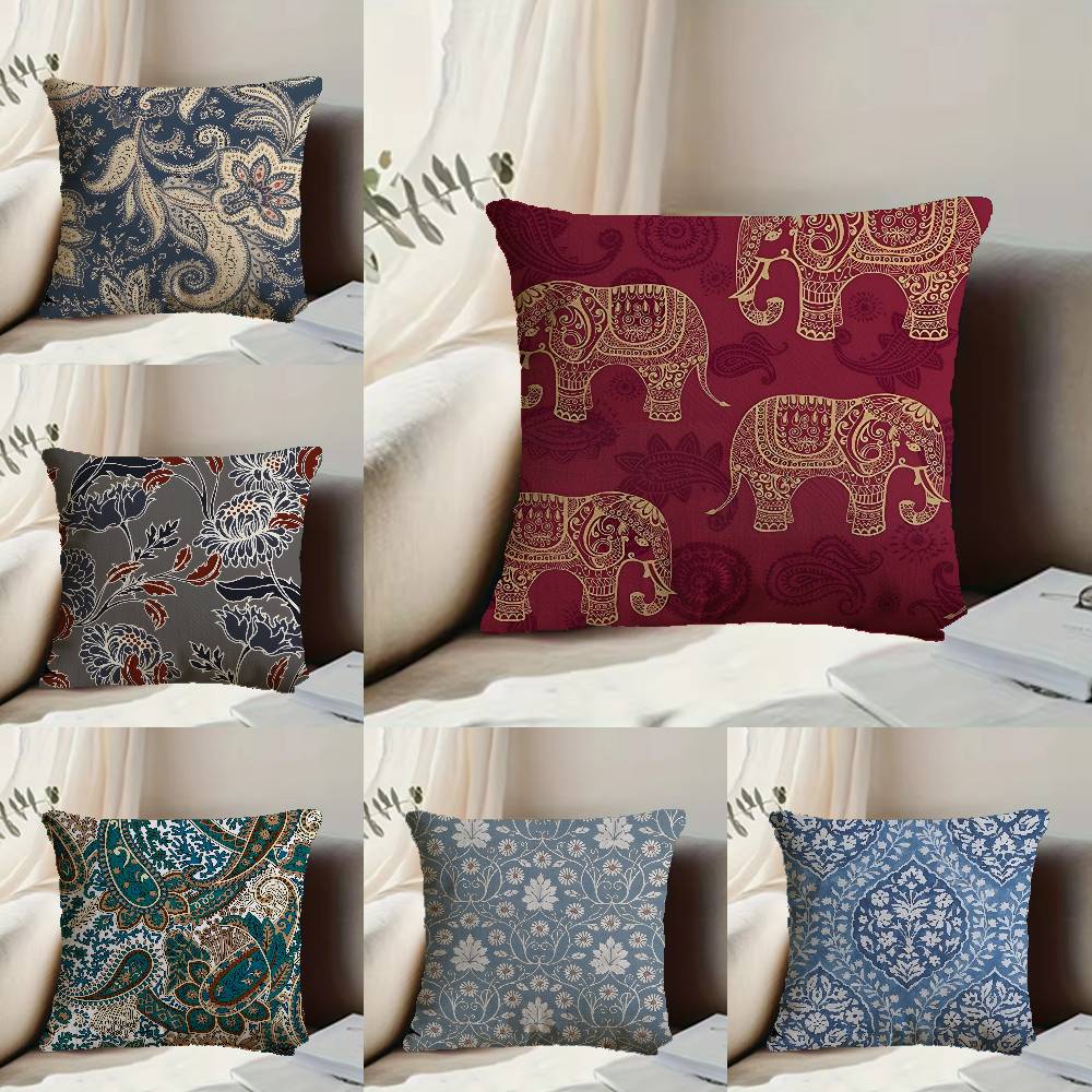 Art Sari Fabric Pillow Case Anti-dustmite Pillowcase Invisible zipper silky short plush Sofa cushion cover