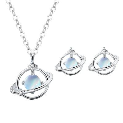 Stilvolles und Einzigartiges Sterling Halskette Ohrringe Mondstein Saturn Set Verlobungsschmuck Geschenk für Frauen