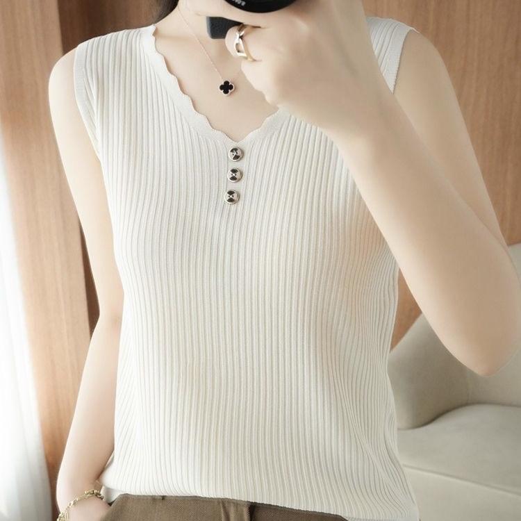 Knitted Sleeveless V Neck Vest Women's Turtleneck Short Loose Versatile Knitted Bottoming Shirts