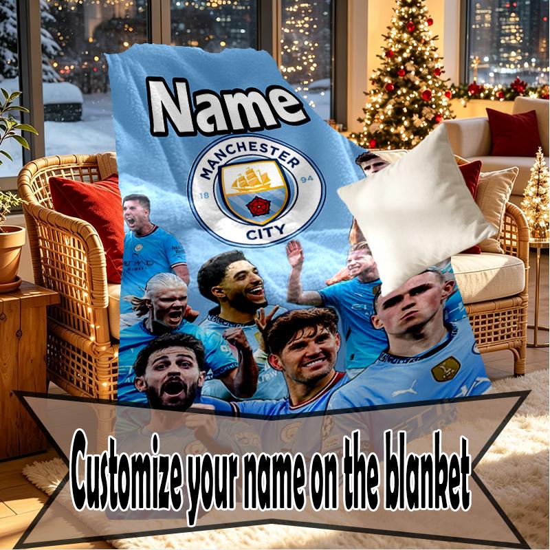 Custom Name Personalized Manchester City FC Print Blankets, Home Decor, Bedroom, Sofa, Camping, Couch, Gifts for Birthday Christmas