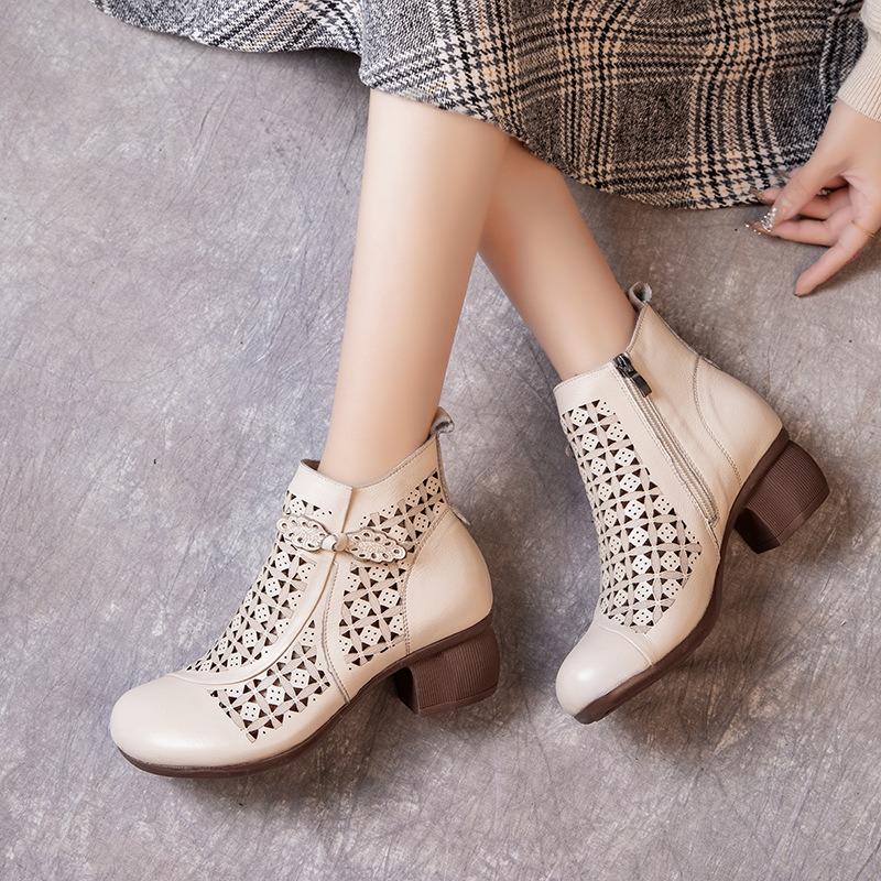 

Кожаные крутые ботинки женские весенне-летние ретро литературные толстый каблук круглый носок полые круглый носок короткие ботинки новые сандалии для мамы 40