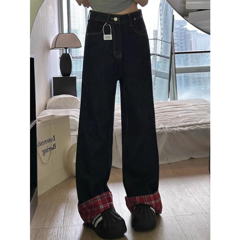 

Women s 2024 Dark Blue & Red Plaid Patchwork High-Waisted Wide-Leg Jeans XL