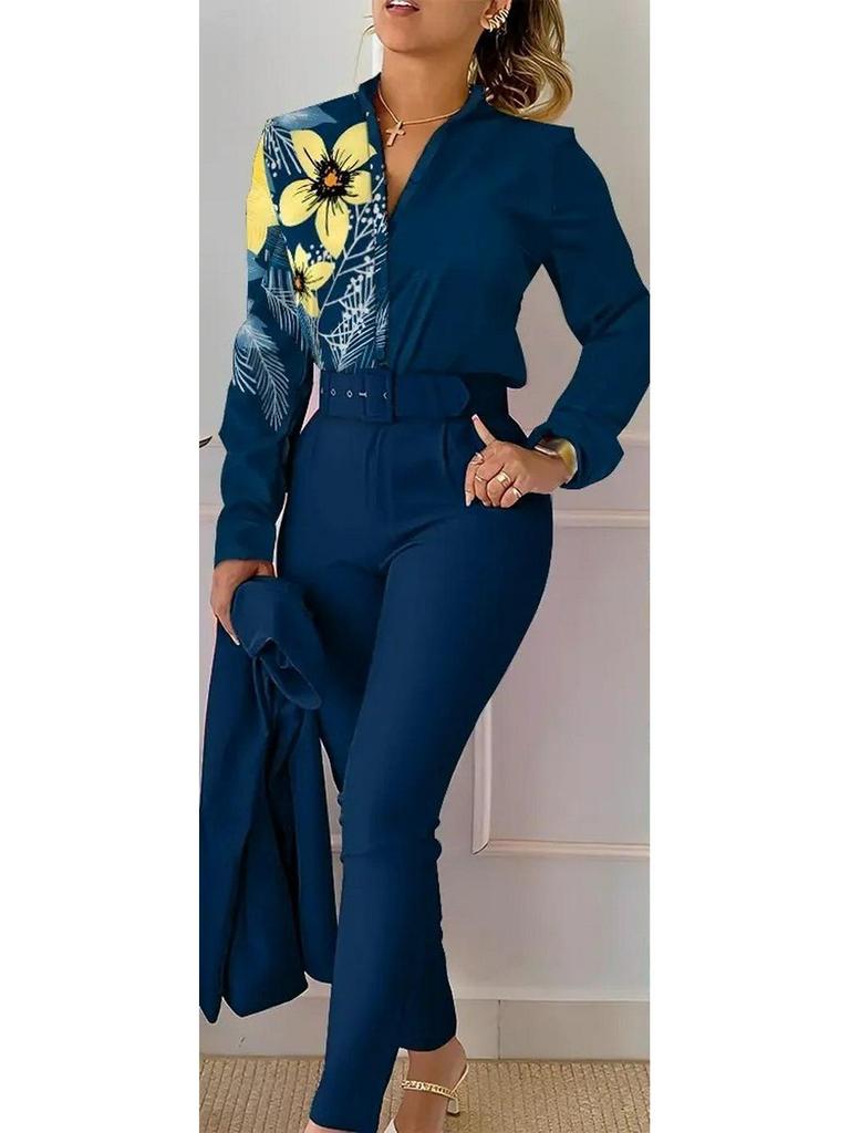 Printed Long-Sleeve Top & Solid Color Pants Suit with Belt