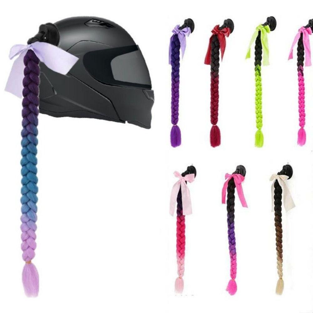 with Suction Cup Synthetic Helmet Pigtails with Bowknot Motorcycle Helmet Braids Wig Woman