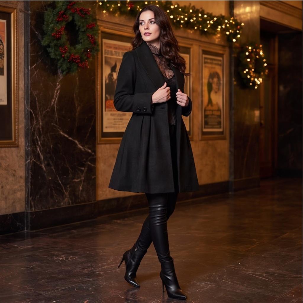 Women's Fall Winter Long Wool Pleated Coat with One Button Closure Outerwear