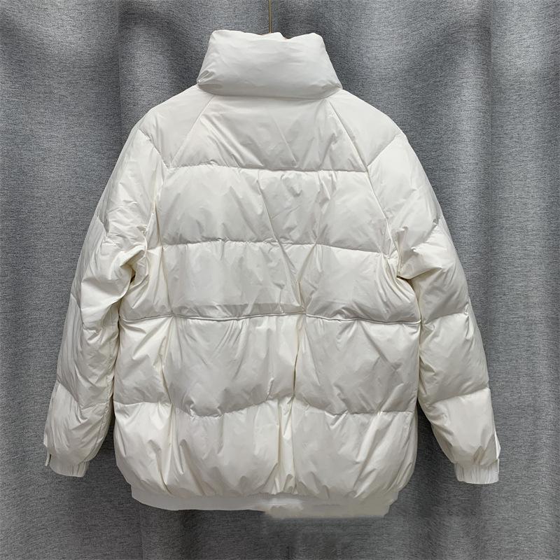 Femei, toamnă iarnă, jachetă albă din puf de rață, haină căptușită, guler scurt, mânecă completă, buzunar cu fermoar, vrac, îngroșare, culoare solidă