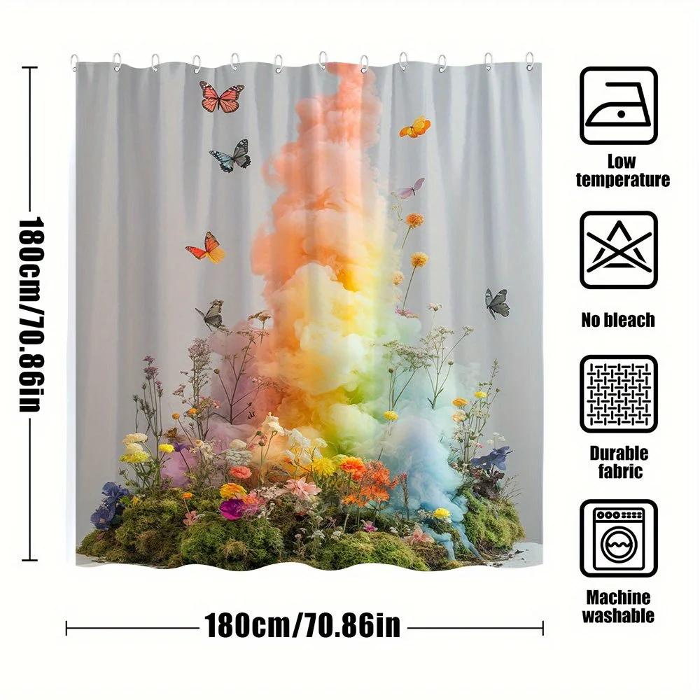 1pc Rainbow Smoke Bath Curtain - Vibrant Gradient Colors with Colorful Butterflies & Floral Base, Whimsical Fantasy Decor Polyes