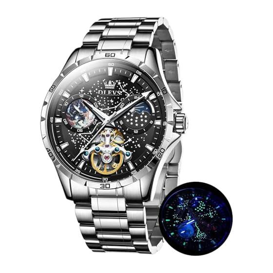 OLEVS Men s Automatic Mechanical Watch Starry Sky Dial Skeleton Leather Strap Men s Waterproof Blue watch for men (Leather Band - Silver)
