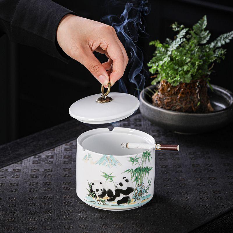 Creative Painted Flower Ceramic Ashtray Dustproof Office Ashtray with Lid Home Cylindrical Ceramic Ashtray Gift Home Decoration
