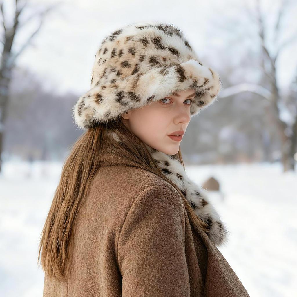 Women's Faux Mink Fur Bucket Hat Scarf Set, Classic Leopard Print Vegan Faux Fur Warm Set, Faux Fur Hat and Scarf For Winter