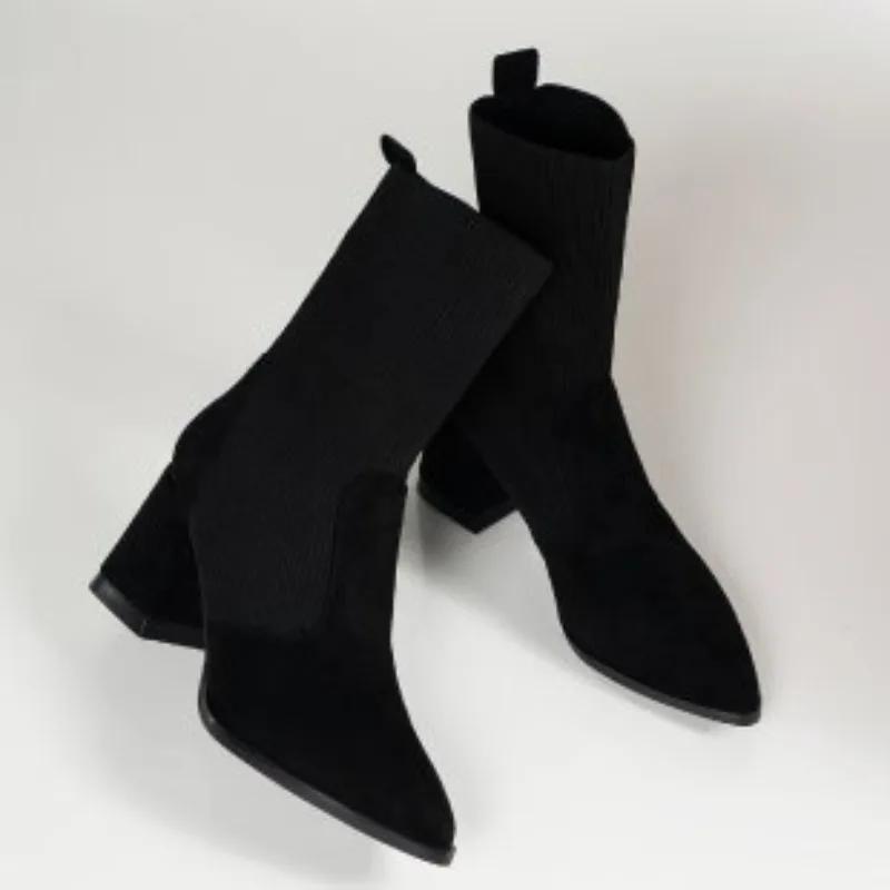 2024 Winter New Women's Boots Versatile High Heels Fashion Solid Color Thick Heel Socks Boots Square Head Women's Short Boots