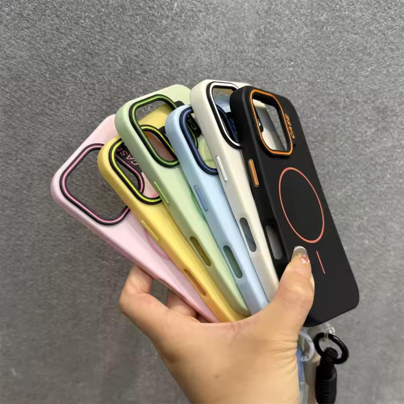 Modefodral Kontrastfärg Magsafe-fodral för iPhone11 12 13 14 15 16 Pro Max Plus Solid Slim Matt Lanyard-skydd