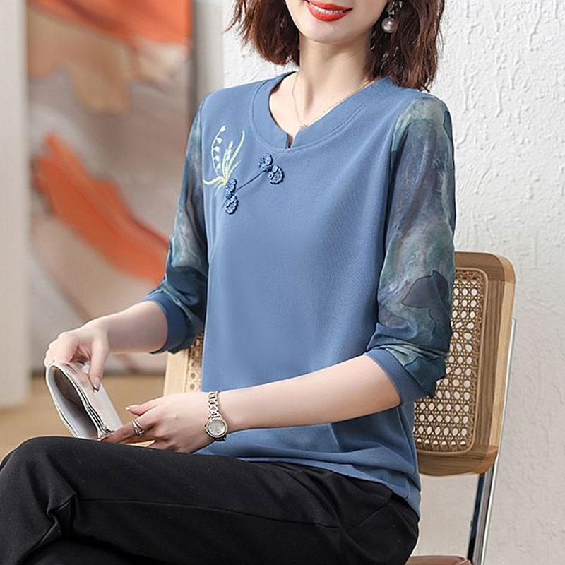 

Модная блузка с вышивкой цветов, повседневная, с принтом, вставками, женская одежда, с круглым вырезом, весна-осень, в народном китайском стиле, рубашка с застежкой-пуговицей 4XL синий