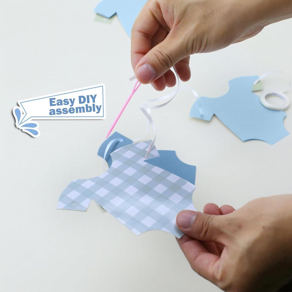 Blue Gingham Baby Shower Banner, Bodysuit Paper Garland with Clothesline, Boy or Girl Banner Baby Shower Decoration