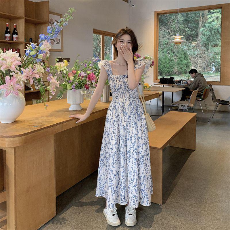 Dámské letní květinové tílkové šaty s volánkovými rukávy - Slim střih, dlouhé šaty bez rukávů