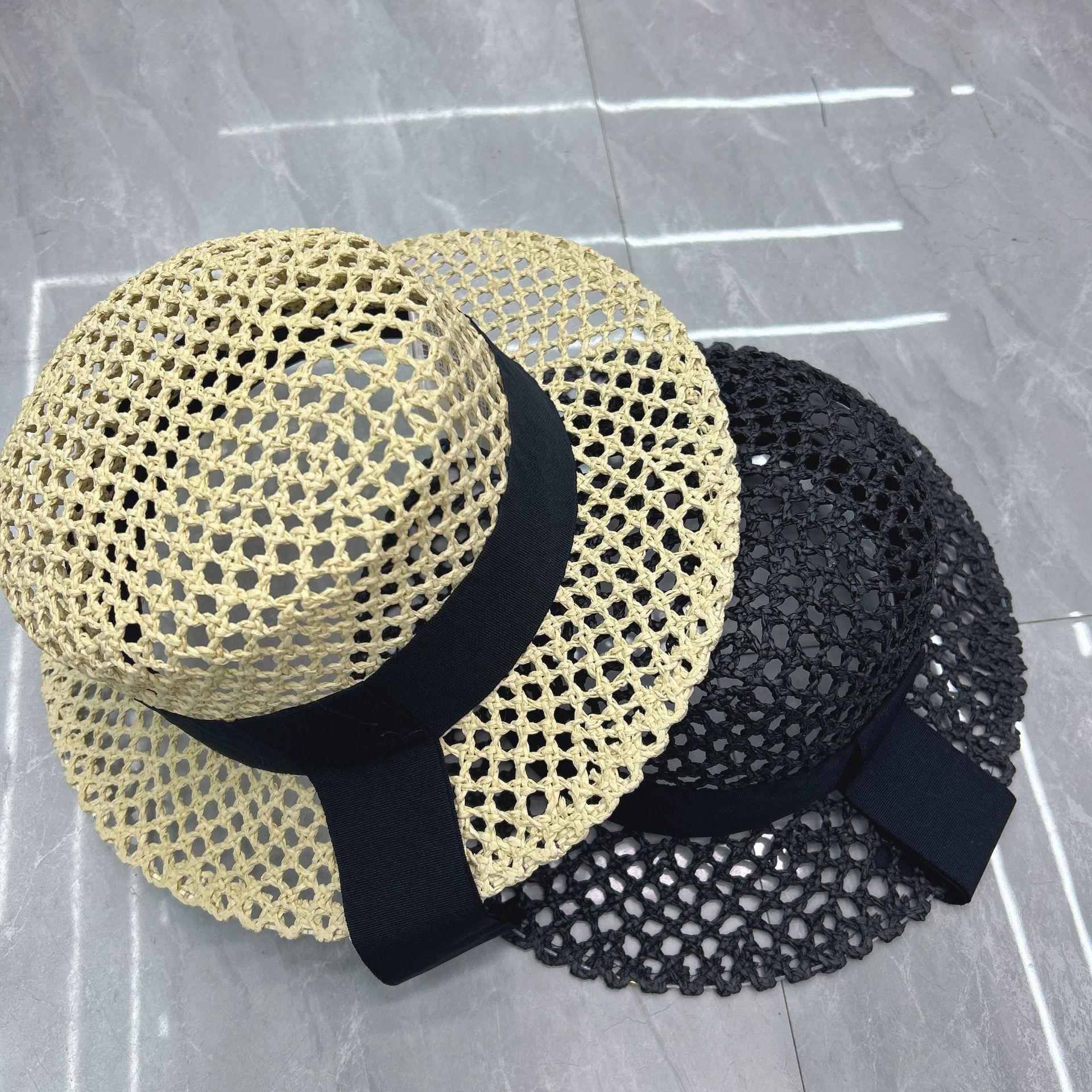 Garden Supplies My Women's Black Handwoven Raffia Straw Fedora Hat With Ribbon Breathable Hollow Out Mesh Sun Hat For Summer Beach Hat 56-58Cm