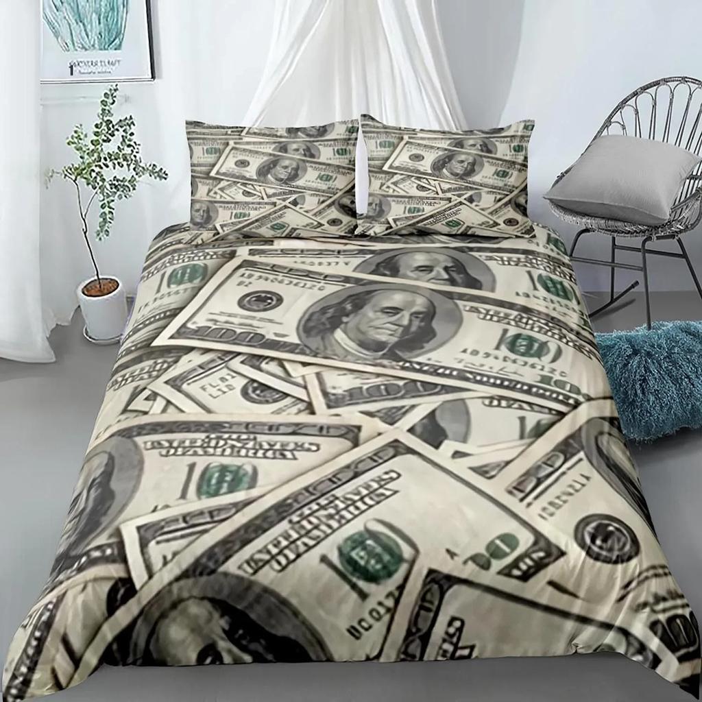 Dollar Duvet Cover Set, Art Blue Printing Money 3 Piece Bedding Set Queen/King/Full/Twin Size Quilt Cover for Boys Teens Girls