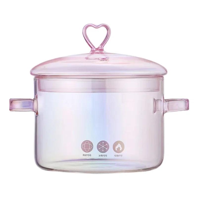 1500ml Pink Glass Binaural Pot Transparent Borosilicate Heat-resistant Soup Stock Pots Noodle Soup Bowl Kitchen Cooking Cookware