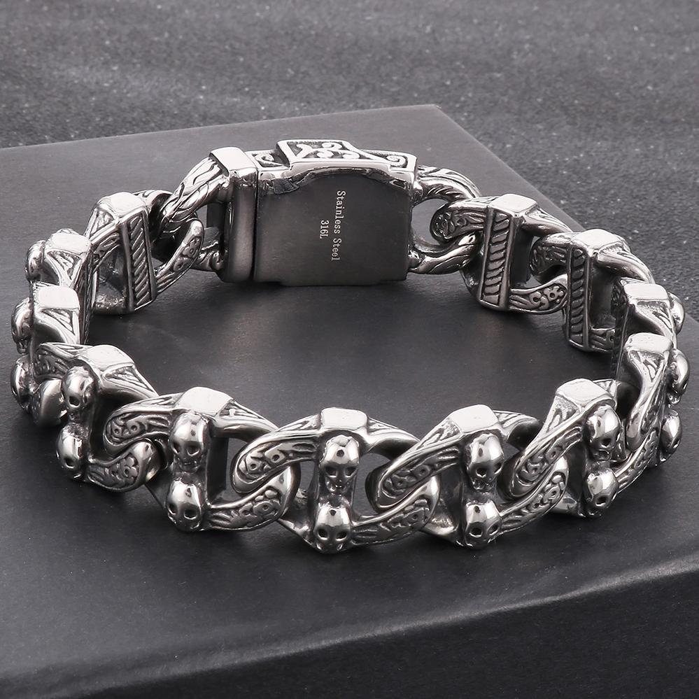 Pánský Cool masivní ocelový náramek s lebkou a tváří v tvář kubánský řetízek pro muže unikátní gotický punk rock šperky příslušenství halloweenské dárky