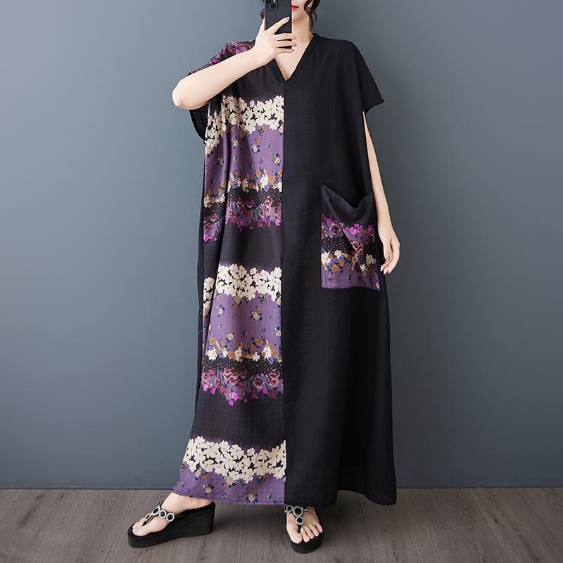 

DIMANAF 2025 Summer Women Plus Size Long Dress Basic Floral Printing Casual Vintage Linen Dress Loose Maxi One Size фиолетовый