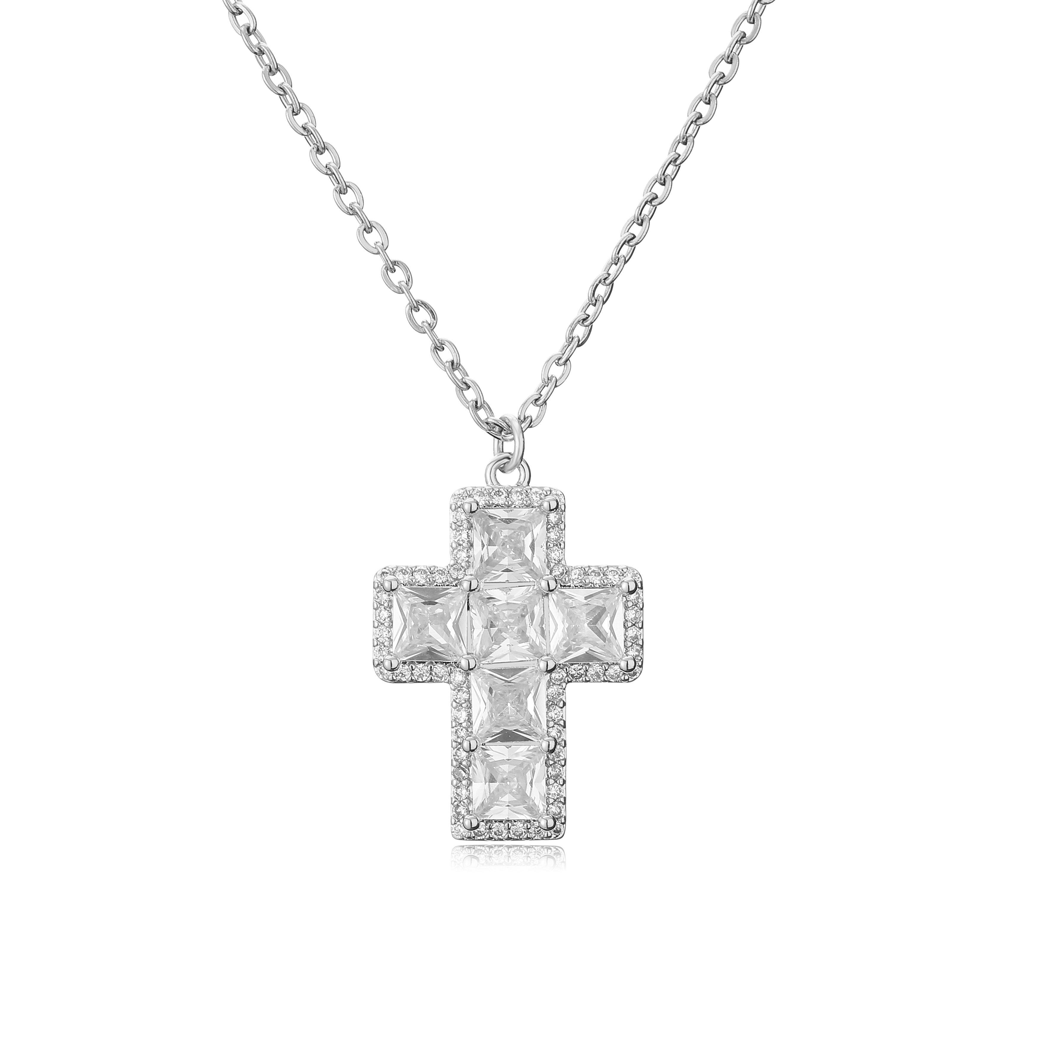 18K Gold Plated Brass Shiny Cubic Zirconia Cross For Women Fashion Gold Copper Color Cross Choker Pendant Necklace Party Zircon 45cm медно-белый