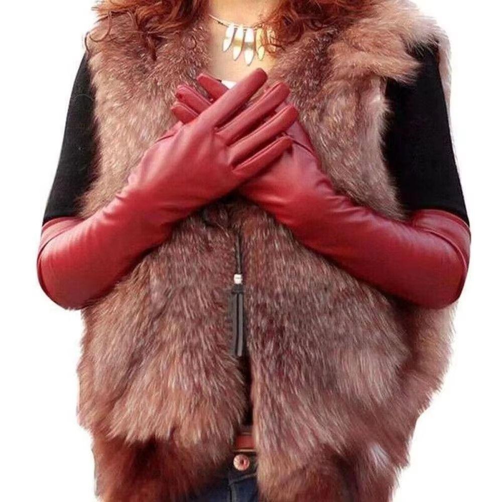 Full Finger Pu Leather Gloves Solid Color Mittens Elastic Long Gloves Winter