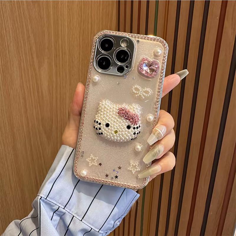 

Rhinestone Pearl Kt Cat Phone Case For Iphone17Promax Lens All-Inclusive Apple 16 Drops Glitter 15 iPhone 7/8/SE 2020