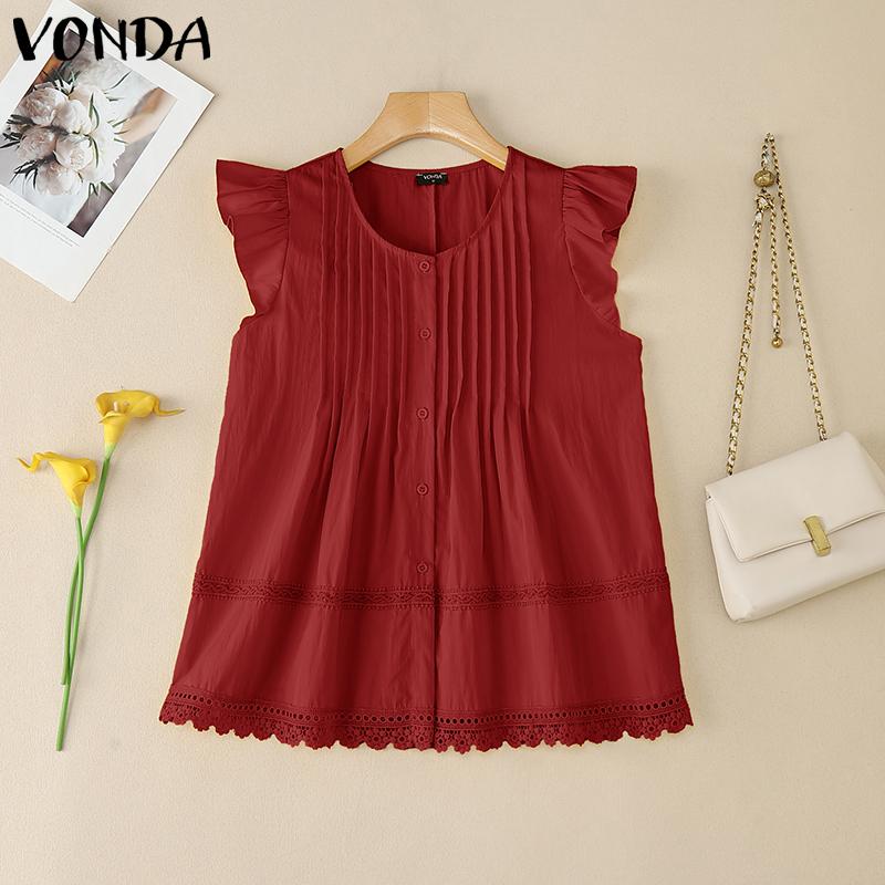 

VONDA Women Casual Ruffled Sleeveless Lace Crochet Hem Buttons Tank Tops Blouse 5XL