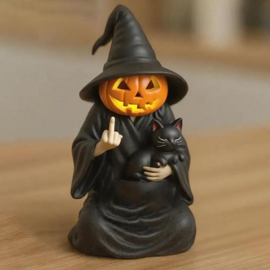 Halloween Ornament Dark Humor Witchcraft Vibe Creepy Witch Statue Black Robe Cat Themed Resin Home Decor