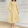 VONDA Elegant Women Casual  Round Neck Long Sleeve Front Pleated Long Swing Dress