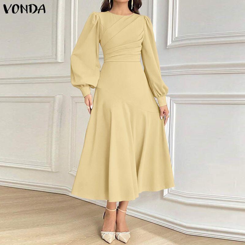 VONDA Elegant Women Casual  Round Neck Long Sleeve Front Pleated Long Swing Dress