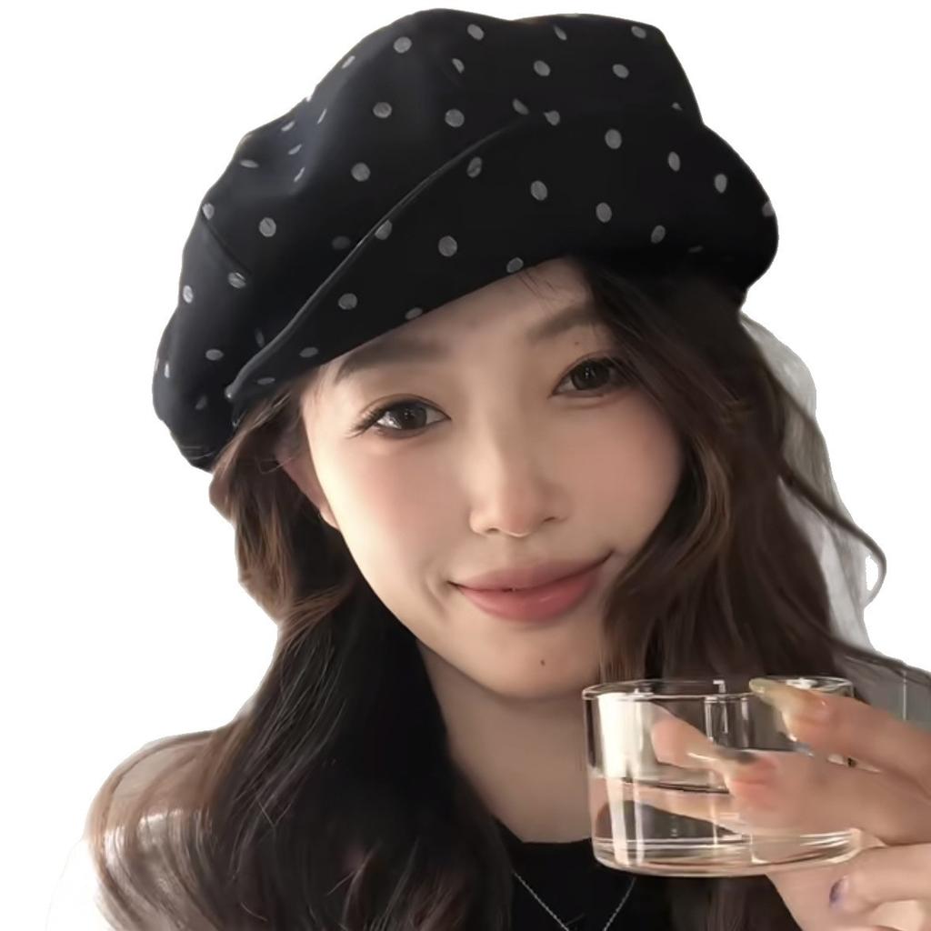 Korean Polka Dot Cloud Beret Female Spring And Summer Big Head Circumference Retro Versatile Painter Hat Showing Face Small Octagonal Hat