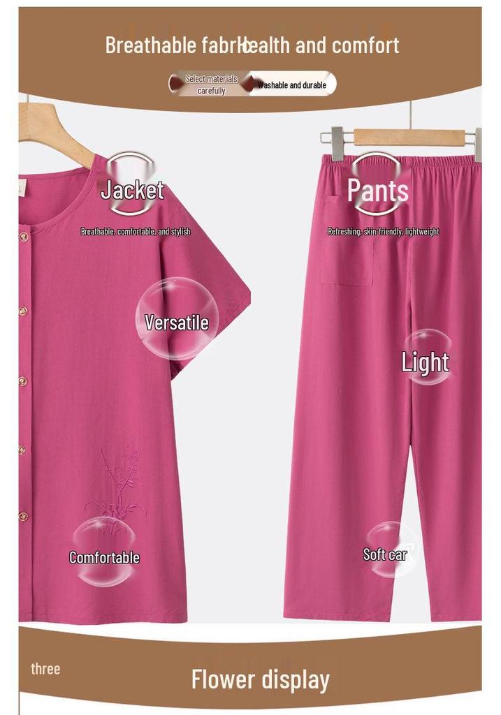 Elegant Two-Piece Summer Set for Middle-Aged and Elderly Women - Short Sleeve Casual Style