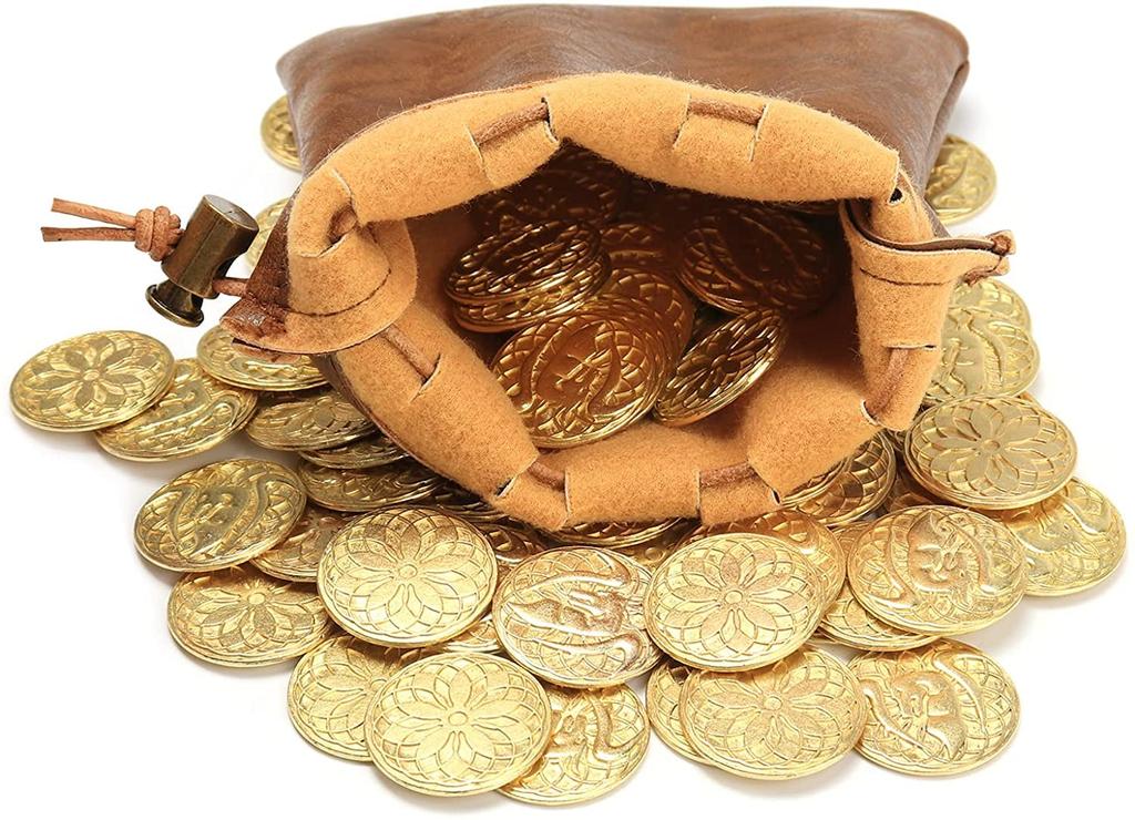 50 Gold Coins PU Leather DND Metal Fantasy Coin Treasures for Board Fake Coins as Game Tokens for Dungeons Tabletop TTRPG Game Medieval Retro