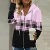 Automne Femmes Sweat à Capuche Mode Motif Plaid Patte Zippée Veste Cardigan Coupe Régulière Long