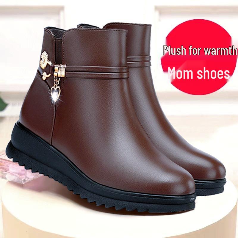 Women's Mid-Aged & Elderly Low Heel Soft Sole Cotton Shoes with Plus Velvet Warm Lining