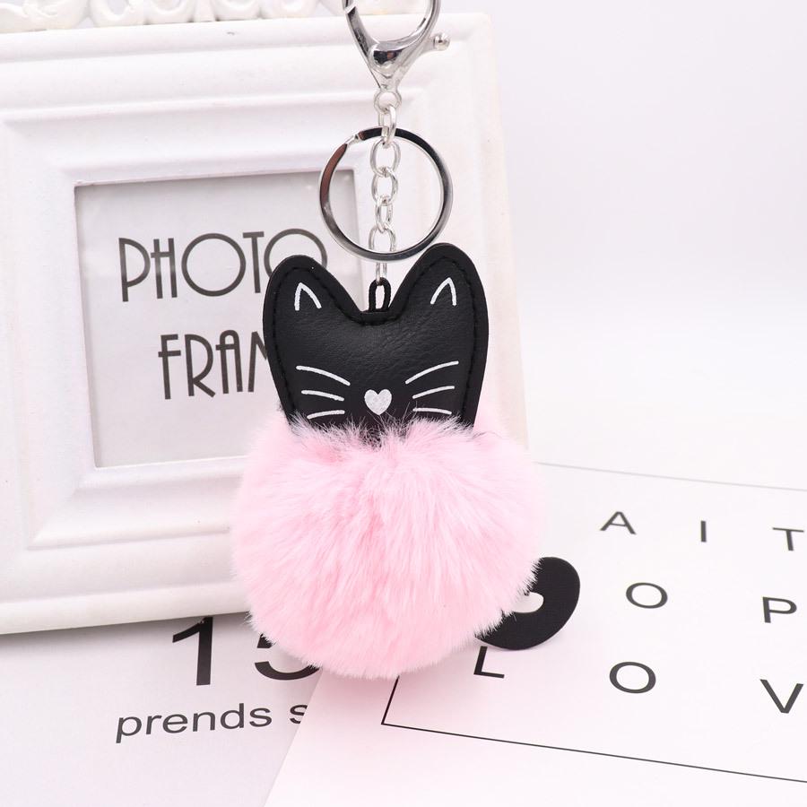 Adorable Black Kitten Keychain with Faux Fur Ball Charm - Cat Plush Toy Accessory