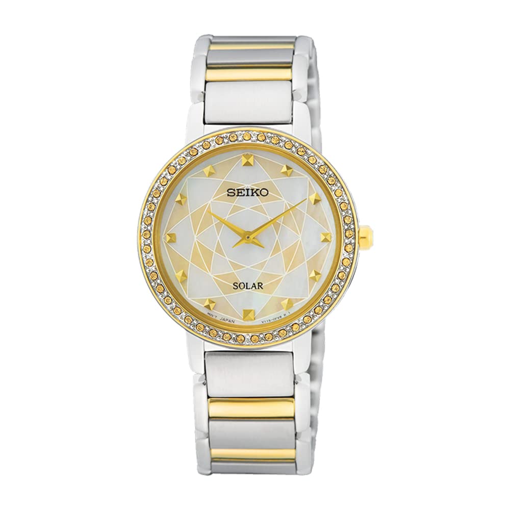 SEIKO Solar Quartz Watch, Overseas Model with Mother of Pearl Dial, Stainless Steel Band, Model SUP454P1, Women's