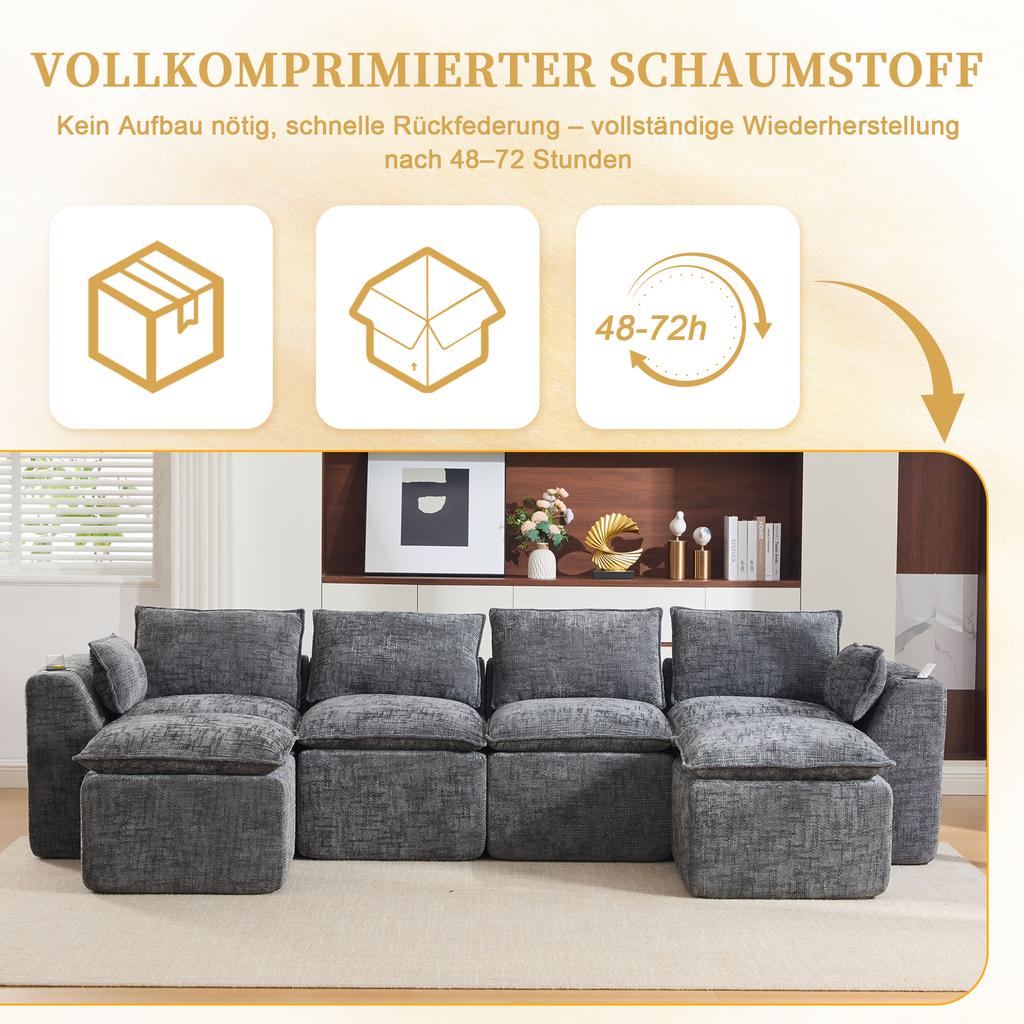 Modular 4-Seater Sofa (2 Footstools), Cushion, Cup Holder, 2 Side Pockets, Foam/Spring Core. Freely Combinable(gray Chenille Fabric)