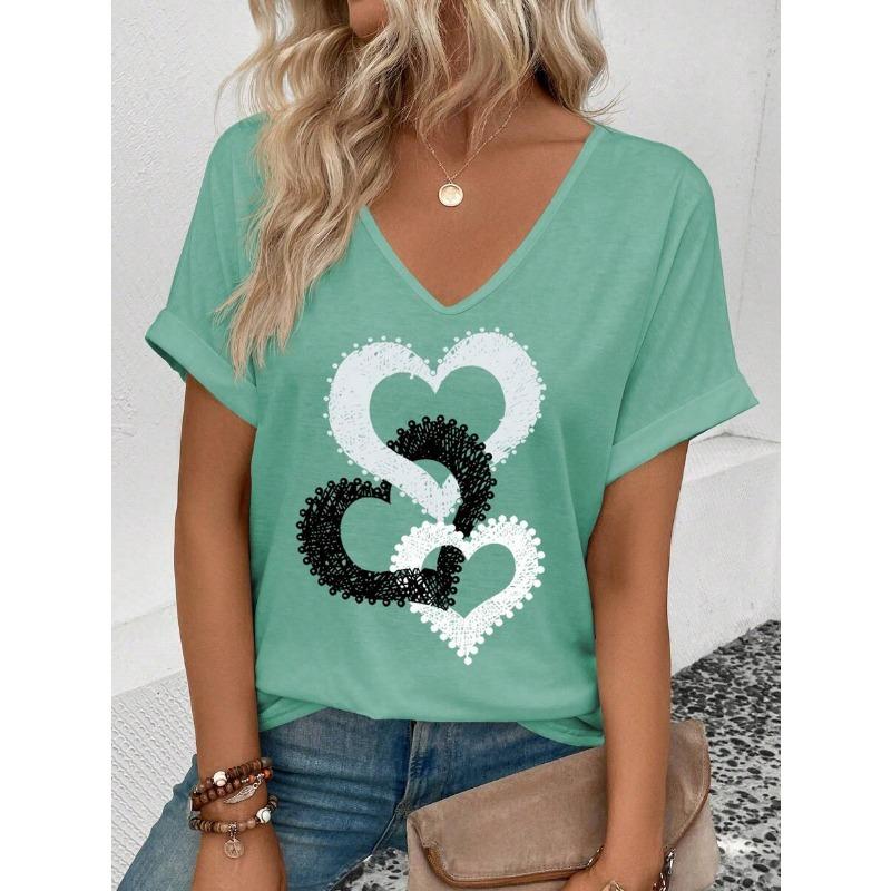 Casual Women's V-neck T-shirt T-shirt Summer Outdoor Fashion Short Sleeve Simple Pattern Printed Versatile Size Women's Clothing