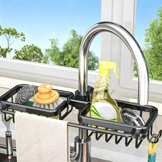 Sink Storage Rack with Hollow Design Basket 360° Rotatable Rustproof Kitchen Faucet Organizer for Sponges Brushes Cleaning Tools