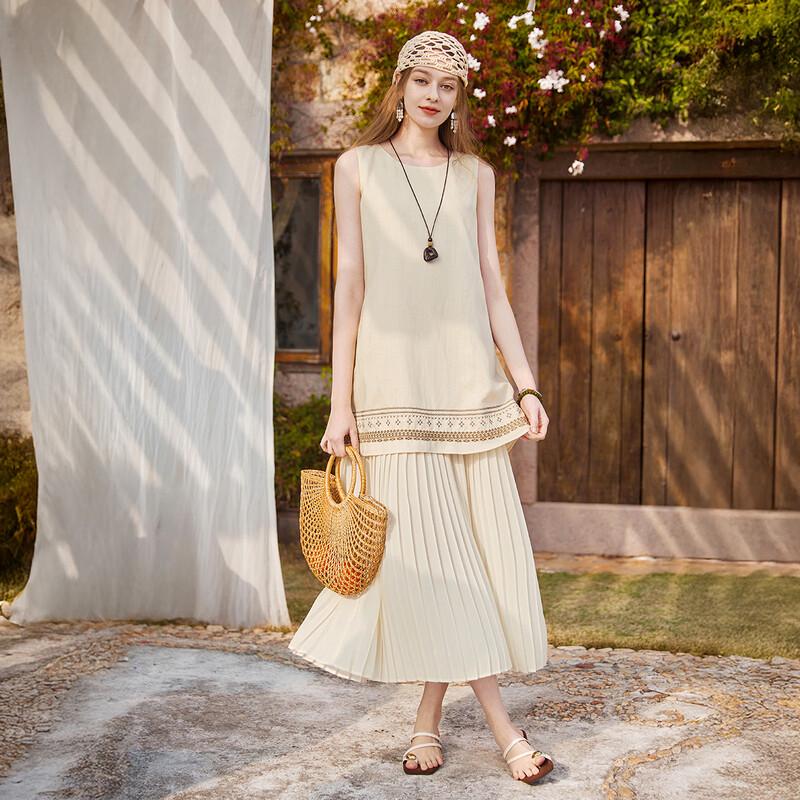 Women's Ethnic Embroidered Linen Blend Sleeveless Dress