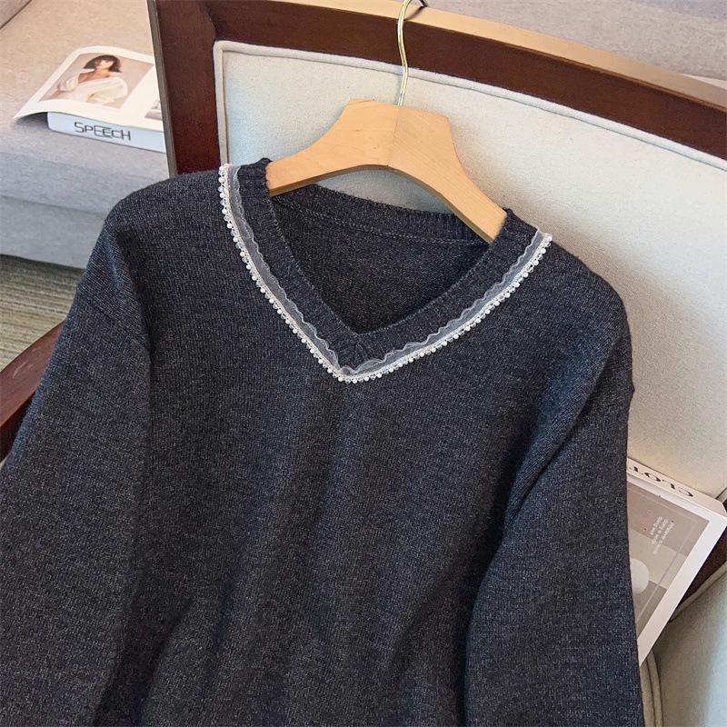 Plus Size V-Neck Knit Sweater: Slimming, Loose Fit, Mid-Length, Long Sleeve (Sizes Up To 350 Jin)