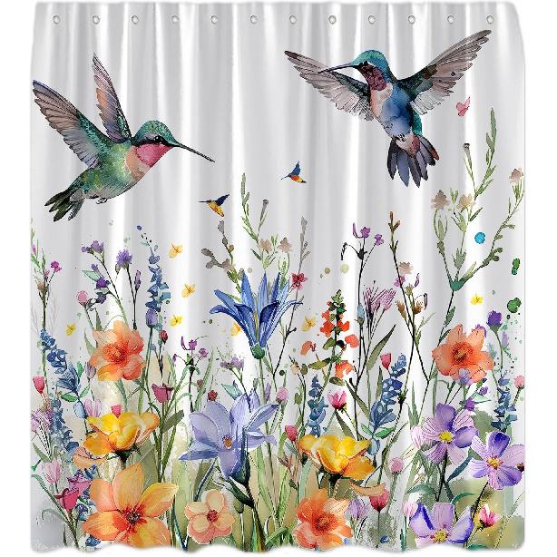 Hummingbird Shower Curtain Spring Colorful Birds Watercolor Floral Leaves Nature Garden Scenery Modern Blooming Flower Plant Fabric Curtain with Hook