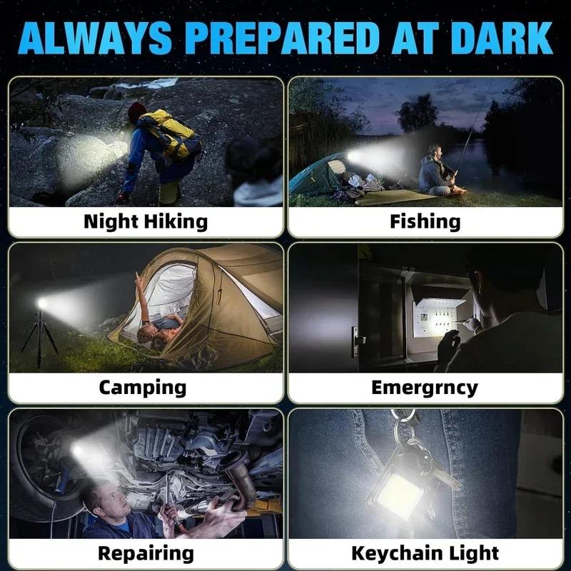LED Working Light USB Rechargeable Mini Flashlight Portable Bright Keychain Pocket Clip Lantern Outdoor Hiking Fishing Camping